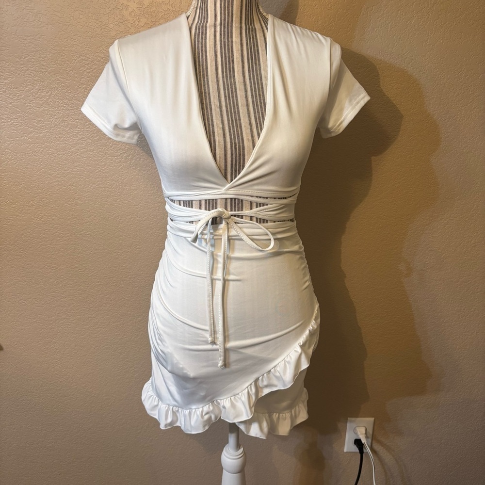 New SHEIN White Mini Dress with Ruffle Hem Wraparound w/Ties Stretchy NWOT
